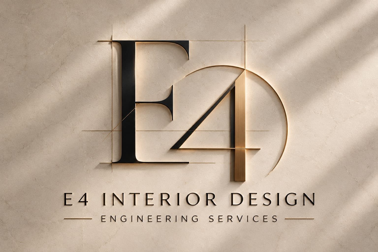 شعار E4 للتصميم الداخلي والخدمات الهندسية على جدار حجري